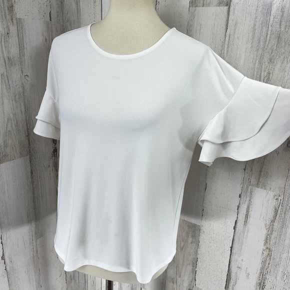 INC International Concepts Women's White Short Ruffle Sleeve Shirt Top Blouse MP - Picture 1 of 9